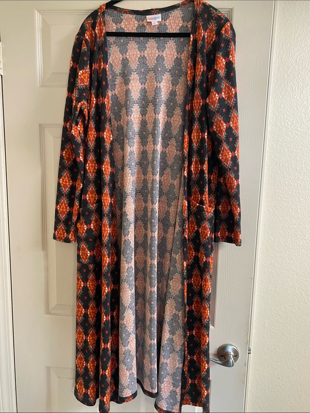 LuLaRoe Open-Front Long Cardigan Dress in Black & Orange Diamond Print